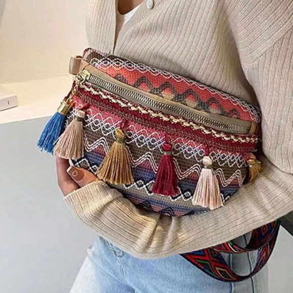 Western Multicolor Embroidered Tassel Detail Zip up Sling Crossbody Bag - Picture 5 of 6